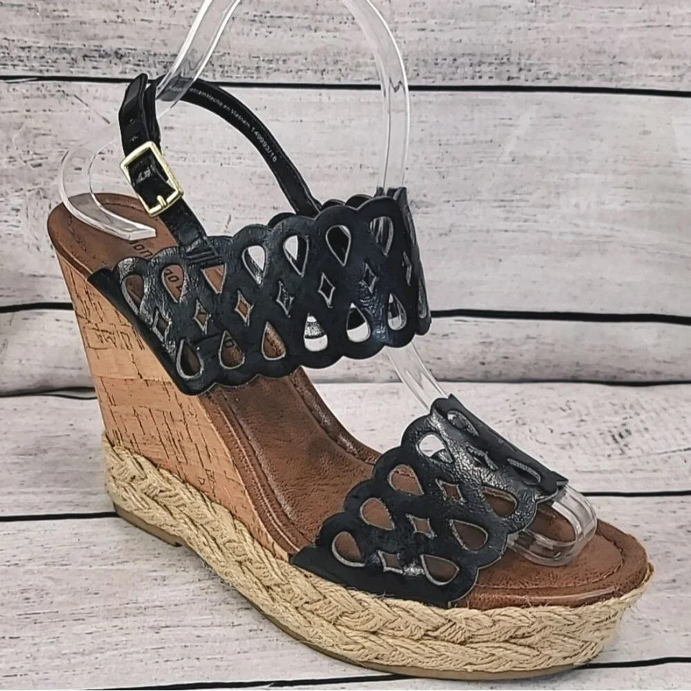 Montego Bay Club Black Cork Strappy Wedge Penny Penny Womens Size 8.5